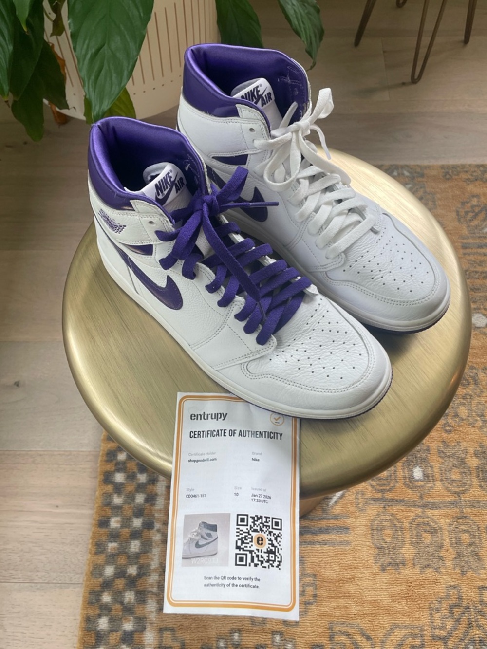 Nike Air Jordan w COA 1 Retro High OG Court Purple Women’s Sz 10 CD0461-151 - Picture 5 of 11